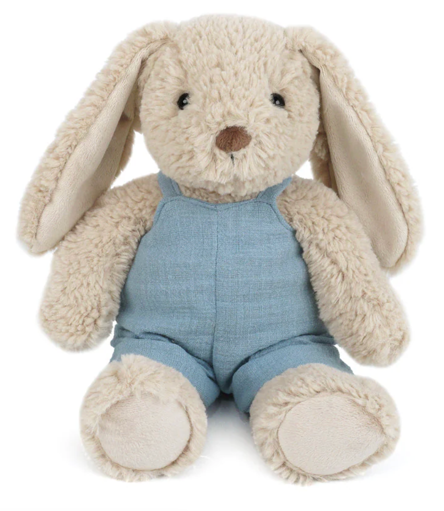 The Mon Ami Bramble Bunny - Blue is a plush beige bunny with floppy ears and black eyes, dressed in a light blue romper, sitting upright and exuding huggable charm.