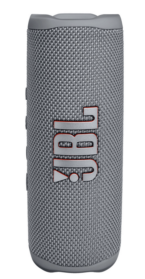 The JBL Flip 6 Waterproof Bluetooth Speaker in gray boasts a textured fabric surface and iconic logo, delivering powerful sound for any adventure.