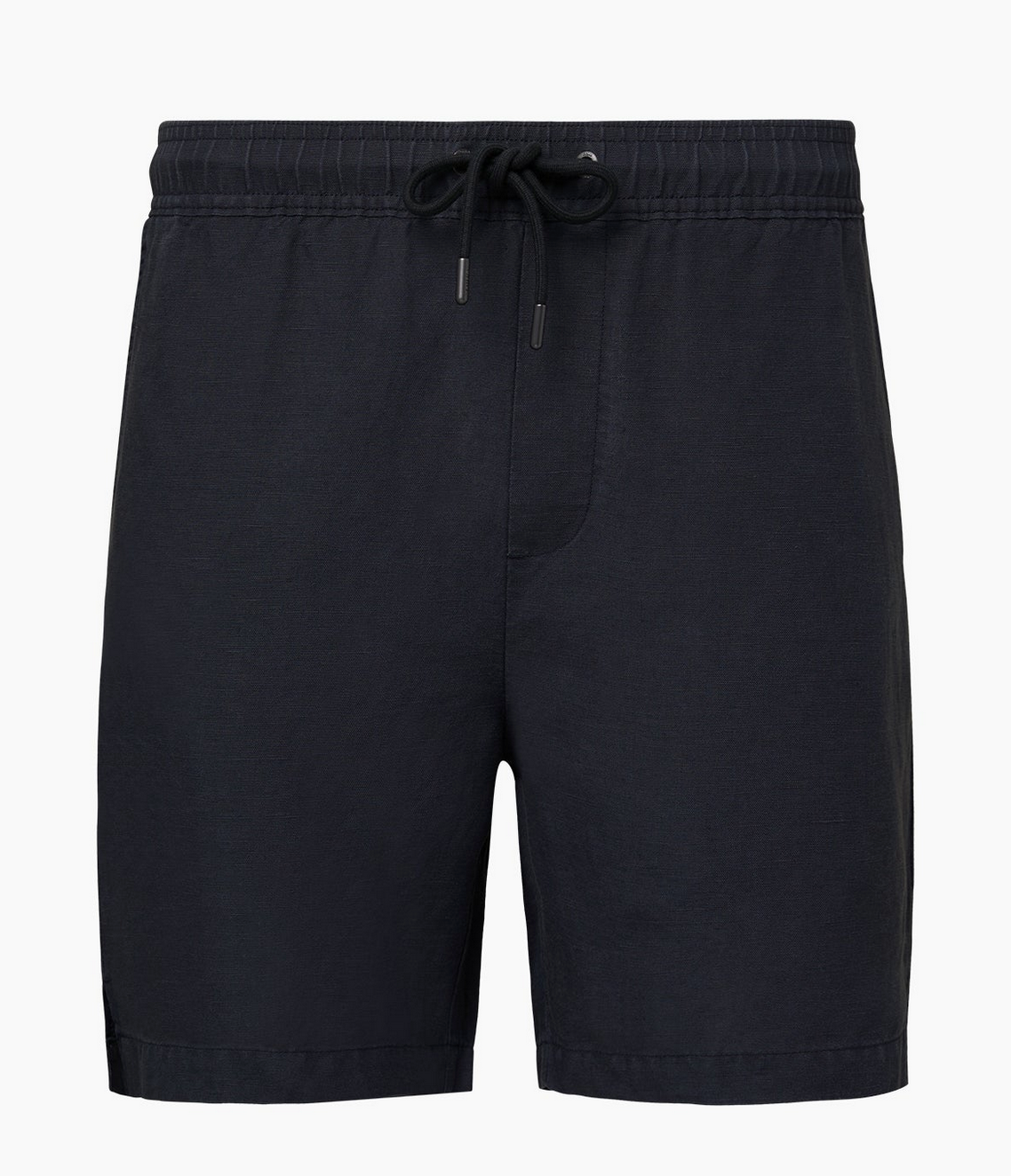 The Onia Air Linen Pull-On Short features a plain black design with an elastic waistband and front stitching—no visible logos or patterns, making it perfect for a minimalist look.