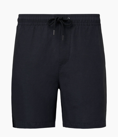 The Onia Air Linen Pull-On Short features a plain black design with an elastic waistband and front stitching—no visible logos or patterns, making it perfect for a minimalist look.