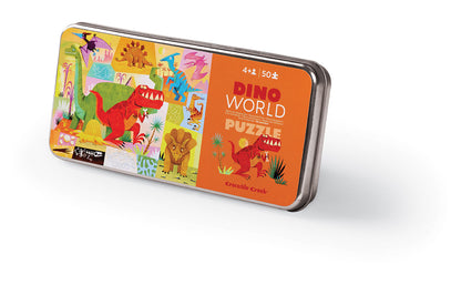 The Crocodile Creek 50 Piece Puzzle comes in a rectangular tin with colorful dinosaur illustrations, making it a fun mini puzzle that's perfect for kids as a stocking stuffer or travel activity.