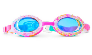 Bling2O Kids' Gelato Ice Goggles are colorful children's swim goggles featuring blue-tinted, anti-fog lenses with UV protection, a pink strap, and playful decorative accents around the frames, shown against a white background.