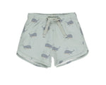 Rylee & Cru Baby Boys' & Boys' Swim Trunk in light gray features a drawstring waist and a playful whale print pattern on a white background.