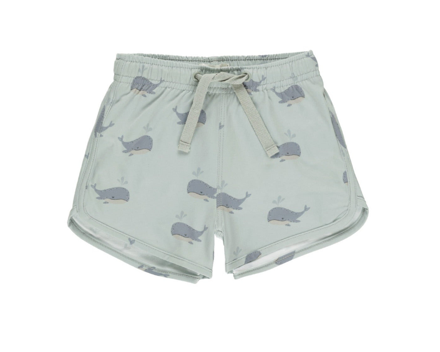 Rylee & Cru Baby Boys' & Boys' Swim Trunk in light gray features a drawstring waist and a playful whale print pattern on a white background.