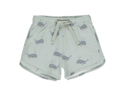 Rylee & Cru Baby Boys' & Boys' Swim Trunk in light gray features a drawstring waist and a playful whale print pattern on a white background.