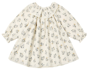 The Baby Girls’ and Girls’ Long Sleeve Isla Dress by Quincy Mae features a cream background with a delicate yellow and gray floral print, ruffled neckline, and lace-trimmed collar and hem. Expertly crafted from woven cotton, this dress offers timeless style and comfort.