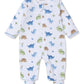 The Kissy Kissy Baby Boys' Dinosaur Domain Zip Footie is a delightful white onesie made from soft Pima cotton, featuring a blue zipper and an adorable dinosaur pattern in blue, green, and brown.