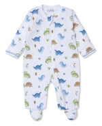 The Kissy Kissy Baby Boys' Dinosaur Domain Zip Footie is a delightful white onesie made from soft Pima cotton, featuring a blue zipper and an adorable dinosaur pattern in blue, green, and brown.