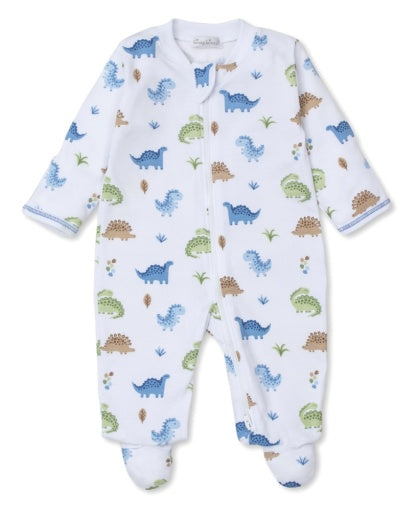 The Kissy Kissy Baby Boys' Dinosaur Domain Zip Footie is a delightful white onesie made from soft Pima cotton, featuring a blue zipper and an adorable dinosaur pattern in blue, green, and brown.