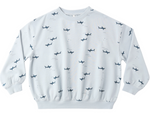 The Rylee & Cru Baby Boys' and Boys' Sweatshirt is a light blue crew neck with an all-over small dark blue shark print.