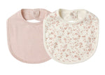 Quincy Mae Jersey Snap Bib, 2-Pack: includes one pink and white striped bib and one cream bib with pink floral print, both made from soft brushed jersey for comfort.