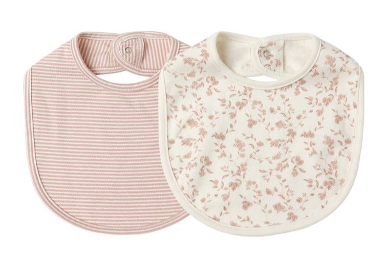 Quincy Mae Jersey Snap Bib, 2-Pack: includes one pink and white striped bib and one cream bib with pink floral print, both made from soft brushed jersey for comfort.