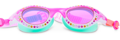 Bling2O’s Kids' Neptune Mermaid Tail Goggles feature pink and purple anti-fog lenses, a vibrant pink and green frame embellished with colorful rhinestones, and provide reliable UV protection for safe and stylish swimming fun.