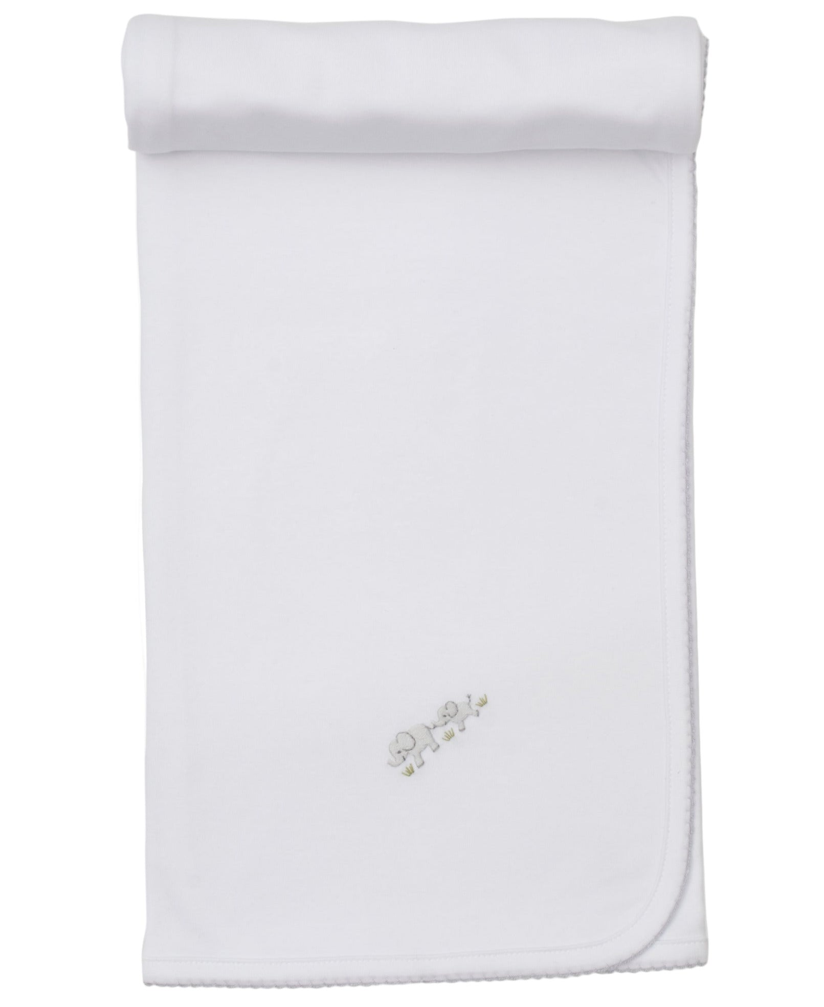 The Kissy Kissy Premier Elephant Esprit Blanket with Hand Emb. is a white Pima cotton baby blanket, neatly folded and featuring a small hand-embroidered design of two elephants near the center.