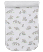 The Elephant Esprit Printed Burp Cloth by Kissy Kissy features playful gray elephant motifs on soft Pima cotton, with a rounded edge and a cozy top border.