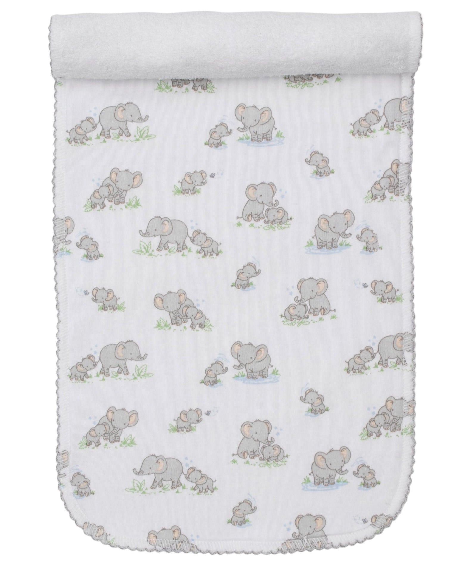 The Elephant Esprit Printed Burp Cloth by Kissy Kissy features playful gray elephant motifs on soft Pima cotton, with a rounded edge and a cozy top border.