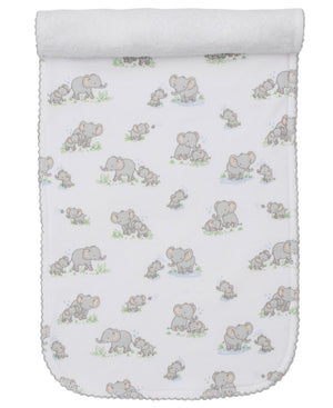 The Elephant Esprit Printed Burp Cloth by Kissy Kissy features playful gray elephant motifs on soft Pima cotton, with a rounded edge and a cozy top border.