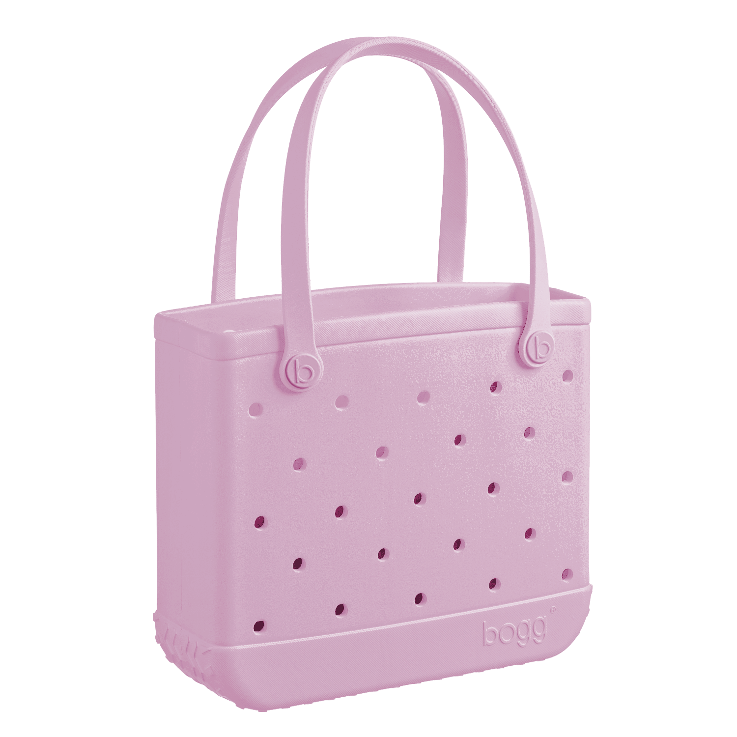 The Baby Bogg Bag by Bogg Bags is a light pink tote with two handles, small side holes, and "bogg" embossed near the bottom. Washable and stylish, it's a practical choice for everyday use.