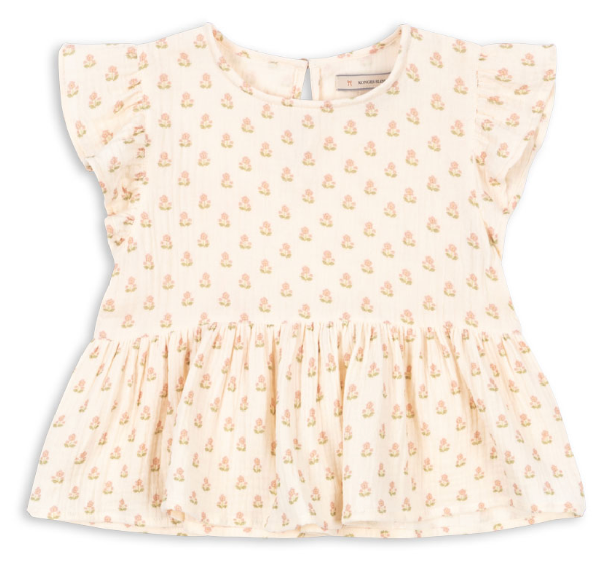 The Konges Slojd Baby Girls’ and Girls’ Coco Top features short ruffled sleeves and a charming floral print on cream-colored, breathable muslin, with a gathered waist that creates a sweet peplum silhouette and flared lower section.