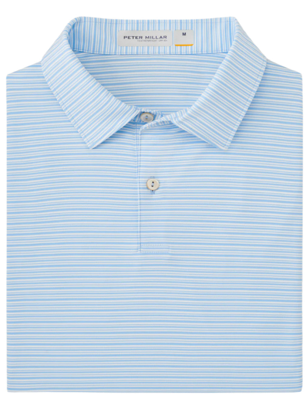 The Featherweight Payne Stripe Polo by Peter Millar features a folded light blue and white striped design, collar, and two buttons. Made with moisture-wicking performance fabric, it ensures cool comfort. Label reads "Peter Millar M.