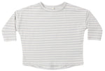 The Quincy Mae Baby and Kids’ Long Sleeve Tee, made from organic brushed cotton, features thin horizontal light blue stripes on a white background and is shown laid flat.