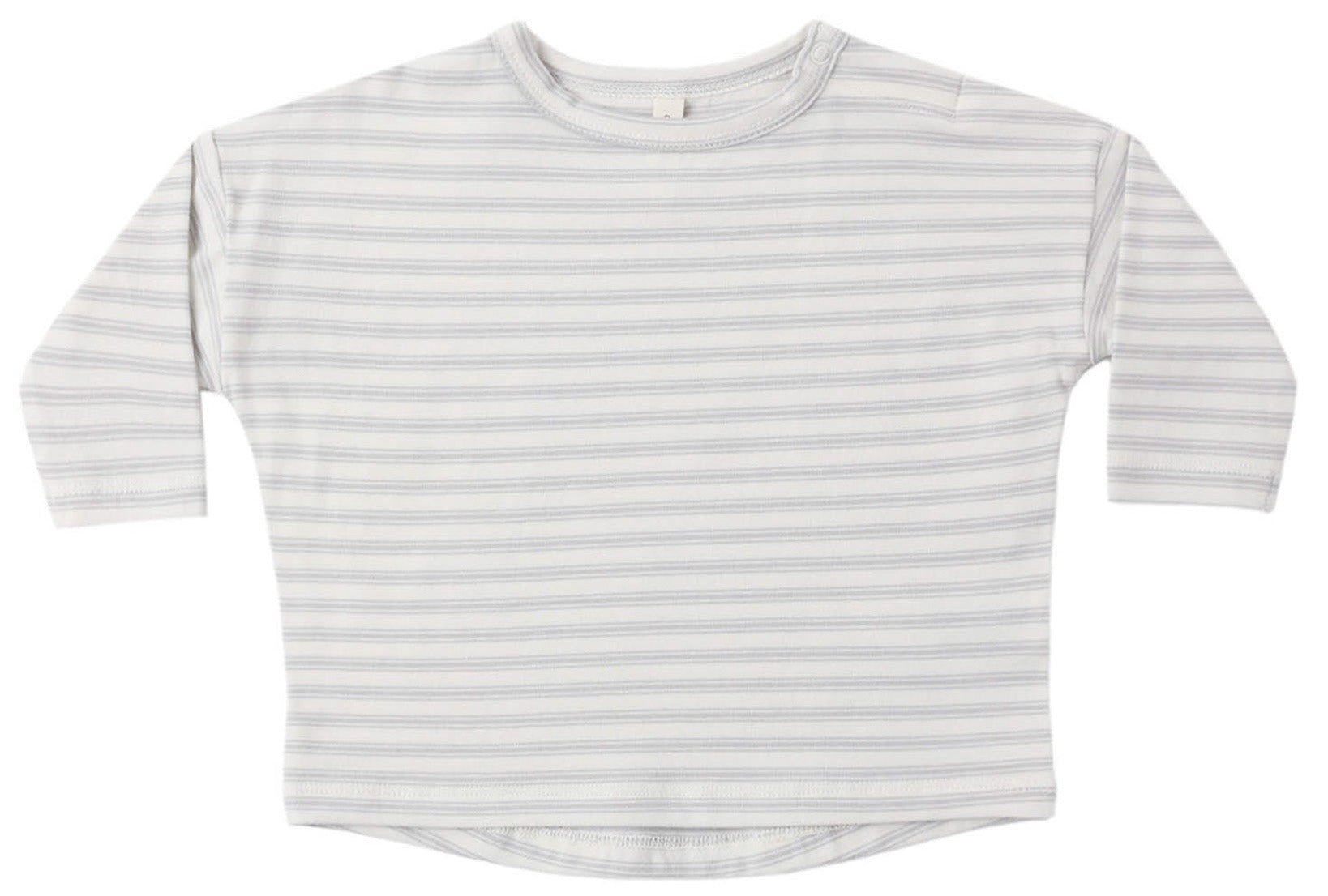 The Quincy Mae Baby and Kids’ Long Sleeve Tee, made from organic brushed cotton, features thin horizontal light blue stripes on a white background and is shown laid flat.