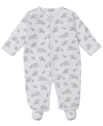 The Kissy Kissy Baby Elephant Esprit Printed Footie features long sleeves, a front snap closure, and an all-over elephant and greenery print. Made from soft Pima cotton for comfort.