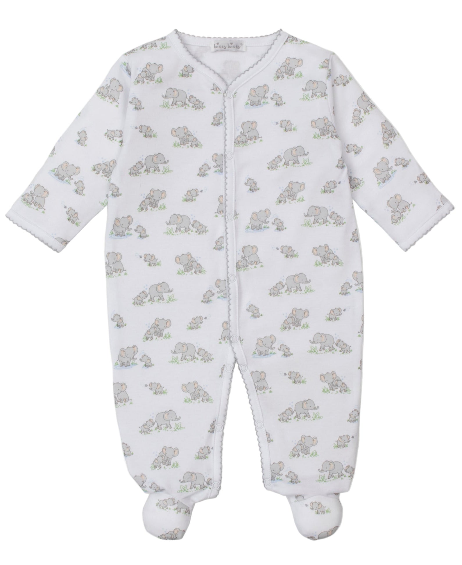 The Kissy Kissy Baby Elephant Esprit Printed Footie features long sleeves, a front snap closure, and an all-over elephant and greenery print. Made from soft Pima cotton for comfort.