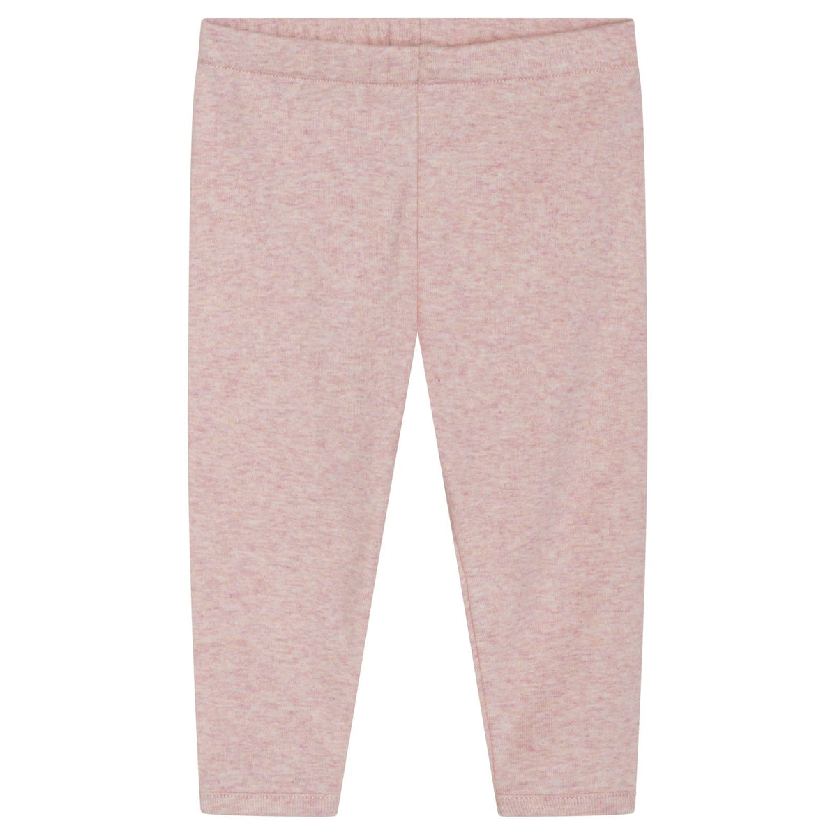 Serendipity Baby Solid Rib Leggings in light pink, crafted from soft, GOTS-certified organic cotton, are displayed flat against a white background, featuring a front view with an elastic waistband and a simple, pattern-free design.