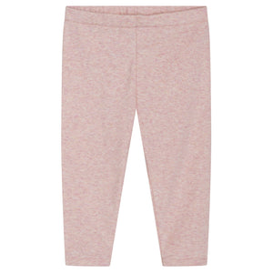 Serendipity Baby Solid Rib Leggings in light pink, crafted from soft, GOTS-certified organic cotton, are displayed flat against a white background, featuring a front view with an elastic waistband and a simple, pattern-free design.