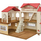 The Red Roof Country Home Gift Set by Calico Critters is a two-story dollhouse playset featuring charming red roofs, beige walls, stairs, balconies, spacious open rooms, and a small front-corner mailbox.