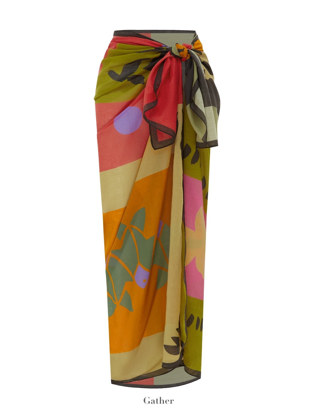 The Soleil Soleil Square Pareo by Soleil Soleil is a vibrant sarong featuring a tied knot at the waist. It showcases an abstract mix of red, green, orange, and pink patterns. This versatile beach cover-up is made from soft organic cotton, offering both comfort and an eco-friendly choice.