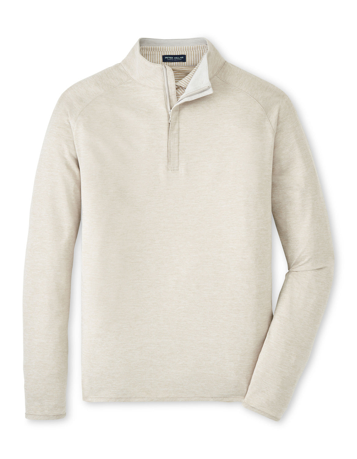 The Peter Millar Stealth Performance Quarter-Zip is a lightweight, light beige pullover with long sleeves and a standing collar, shown flat on a white background.