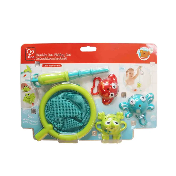 The Hape Double Fun Fishing Set for kids includes a green net, blue fishing pole toy, and three colorful animal-shaped jumping creatures, all in bright plastic packaging.