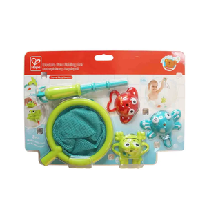 The Hape Double Fun Fishing Set for kids includes a green net, blue fishing pole toy, and three colorful animal-shaped jumping creatures, all in bright plastic packaging.