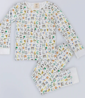 The Kids' The Two Piece Pajamas by Timo & Violet are crafted from organic cotton and feature a playful Happy Monkey print with colorful alphabet letters and small illustrations all over the top and pants.