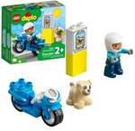 The LEGO® DUPLO® Police Motorcycle by Legos - Toyhouse is ideal for preschool play, featuring a Rescue Police Motorcycle, police figure, dog figure, and a "Lost Dog" sign with box packaging in the background.