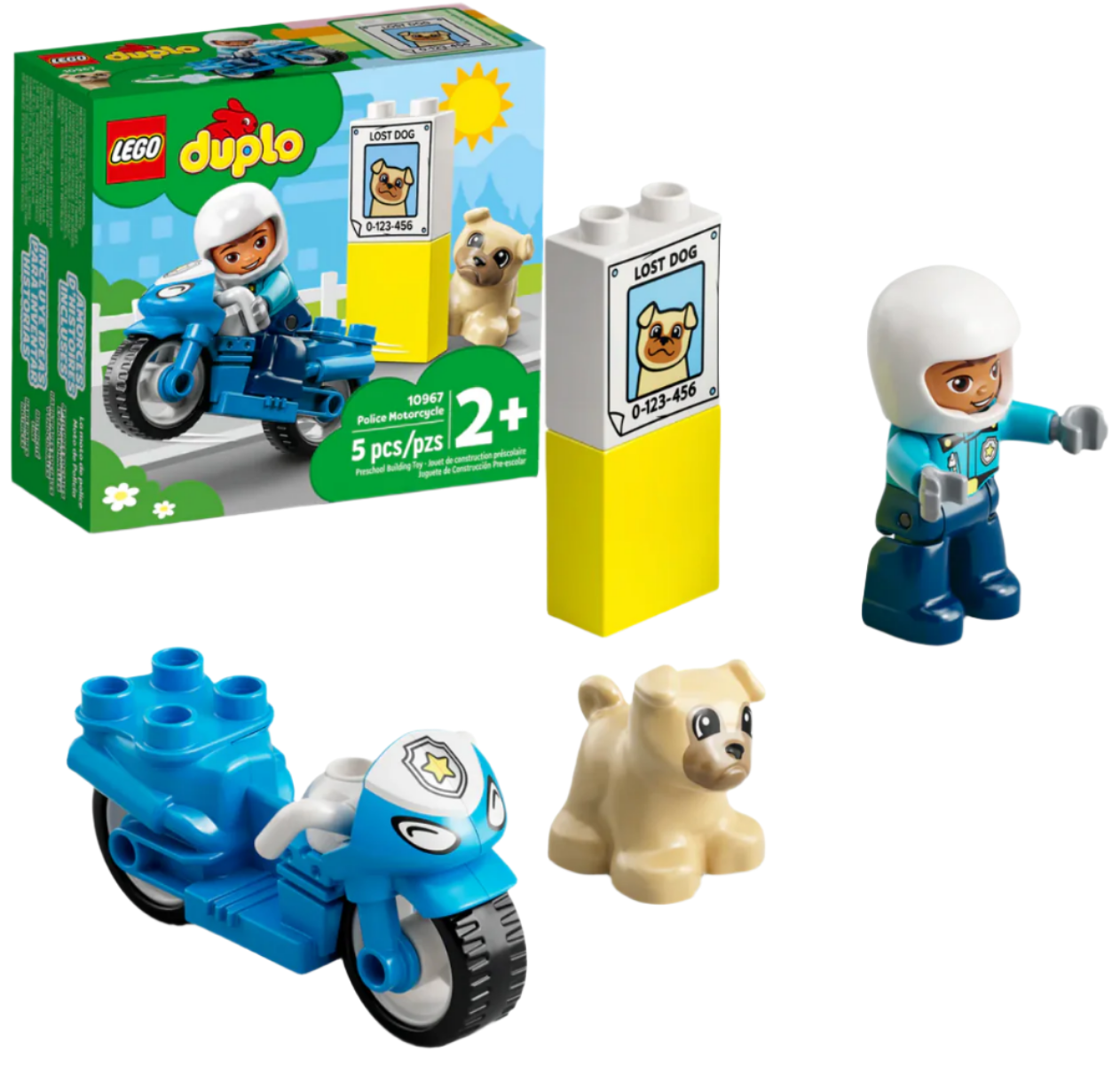 The LEGO® DUPLO® Police Motorcycle by Legos - Toyhouse is ideal for preschool play, featuring a Rescue Police Motorcycle, police figure, dog figure, and a "Lost Dog" sign with box packaging in the background.