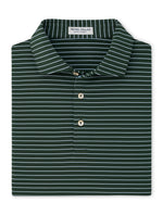 Peter Millar Oaks Performance Jersey Polo in dark green with thin horizontal light blue stripes, a three-button placket, and four-way stretch.