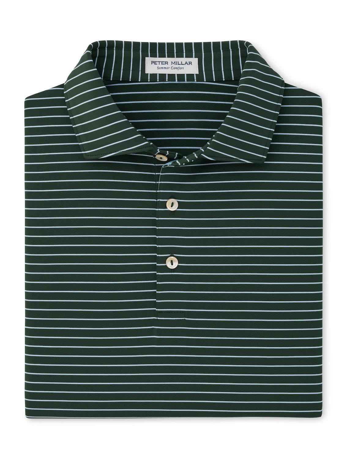 Peter Millar Oaks Performance Jersey Polo in dark green with thin horizontal light blue stripes, a three-button placket, and four-way stretch.