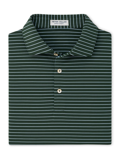Peter Millar Oaks Performance Jersey Polo in dark green with thin horizontal light blue stripes, a three-button placket, and four-way stretch.