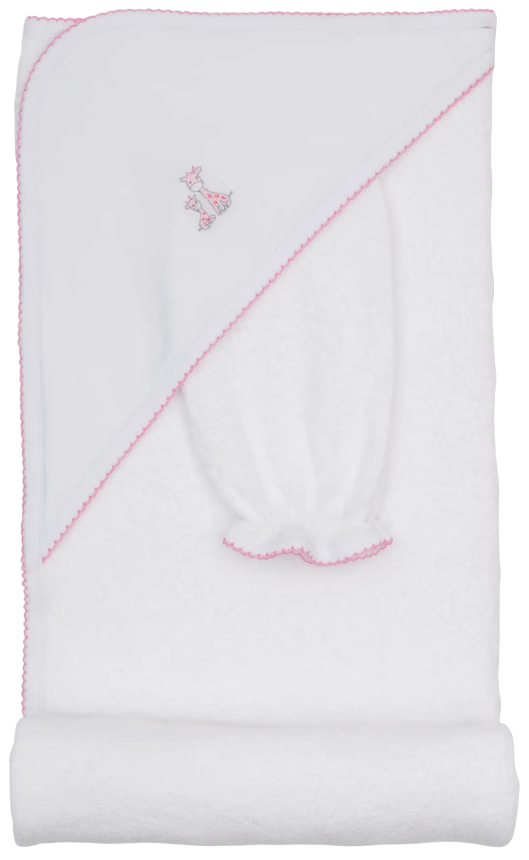 The Kissy Kissy Just Giraffes Hooded Towel & Mitt Set features a soft white cotton towel with a pink stitched border, an embroidered giraffe on the corner, and comes with a matching white wash mitt. Perfect for bath time, this gentle set is part of the Just Giraffes towel collection.