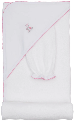 The Kissy Kissy Just Giraffes Hooded Towel & Mitt Set features a soft white cotton towel with a pink stitched border, an embroidered giraffe on the corner, and comes with a matching white wash mitt. Perfect for bath time, this gentle set is part of the Just Giraffes towel collection.