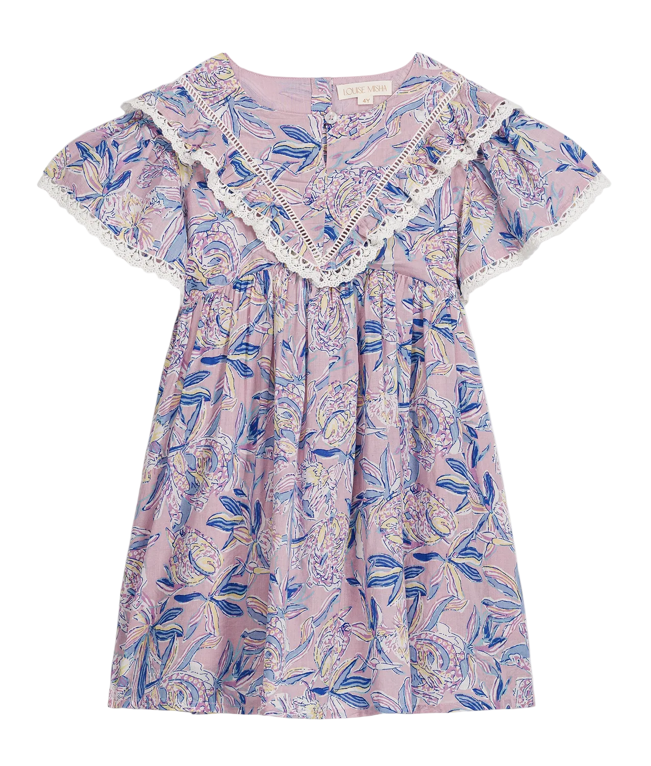 The Girls’ Siloe Dress by Louise Misha is a short-sleeve, knee-length cotton dress featuring a pink and blue floral print, a ruffled lace-trimmed collar, gathered waist, and delicate lace edges.