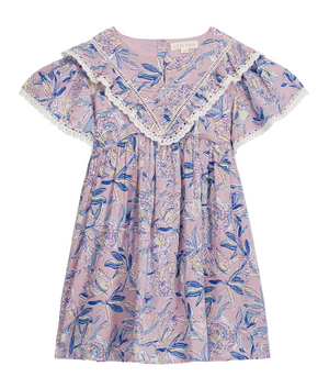 The Girls’ Siloe Dress by Louise Misha is a short-sleeve, knee-length cotton dress featuring a pink and blue floral print, a ruffled lace-trimmed collar, gathered waist, and delicate lace edges.