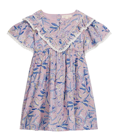 The Girls’ Siloe Dress by Louise Misha is a short-sleeve, knee-length cotton dress featuring a pink and blue floral print, a ruffled lace-trimmed collar, gathered waist, and delicate lace edges.