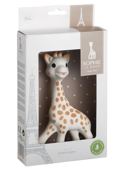 This beloved box, featuring the iconic Sophie la Girafe teether with charming brown spots, showcases a timeless design with Eiffel Tower packaging and a natural rubber label.