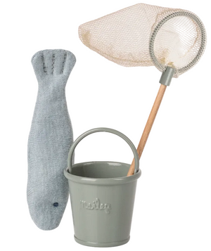 A fabric fish toy, a small metal bucket embossed with "Hustler," and a wooden-handled net are artfully displayed against a white background, forming the perfect Maileg Fishing set - Mouse for adventurous little mice.
