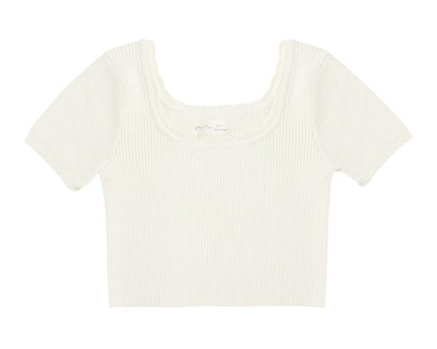 The Girls' Scallop Tee by Rylee & Cru is a white, ribbed, short-sleeve knit top with a cropped fit and wide square neckline, shown on a plain background.