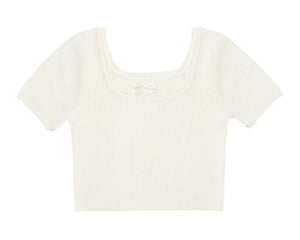 The Girls' Scallop Tee by Rylee & Cru is a white, ribbed, short-sleeve knit top with a cropped fit and wide square neckline, shown on a plain background.